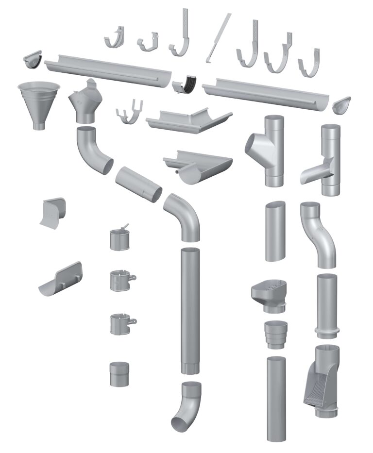 Teikning af öllum lindab þakrennum sem eru í boði